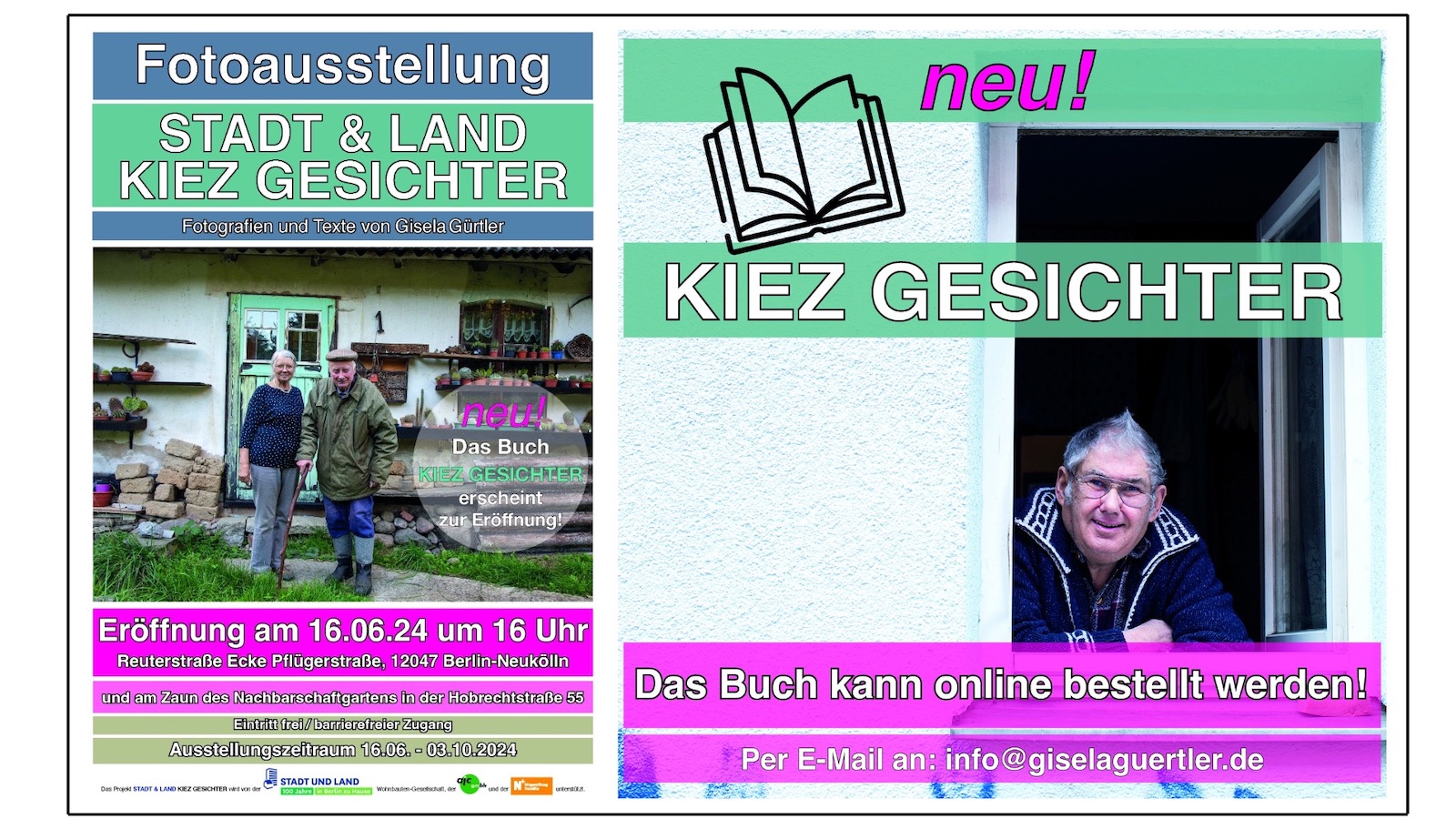 Plakat zur Ausstellung mit Foto und Eröffnungsdatum: 16. 6. um 16 Uhr Reuterstraße / Ecke Pflügerstraße.