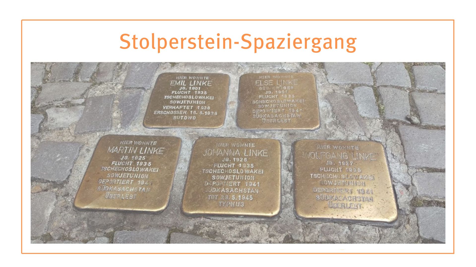 Fünf Stolpersteine in Kopfsteinpflaster.